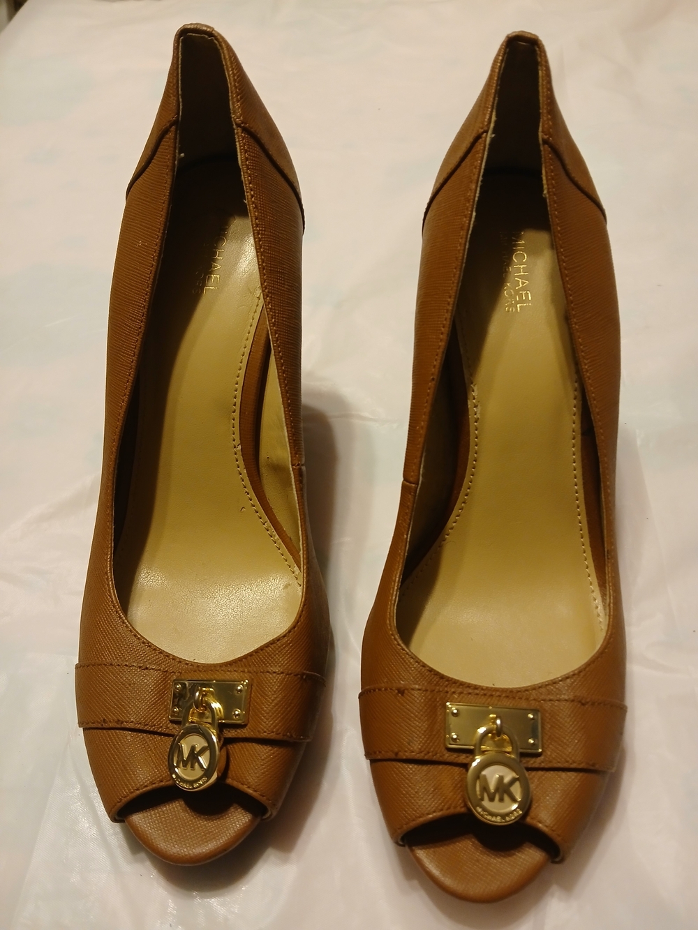 Michael Kors Brown Leather Peep-Toe Wedges with Gold Logo